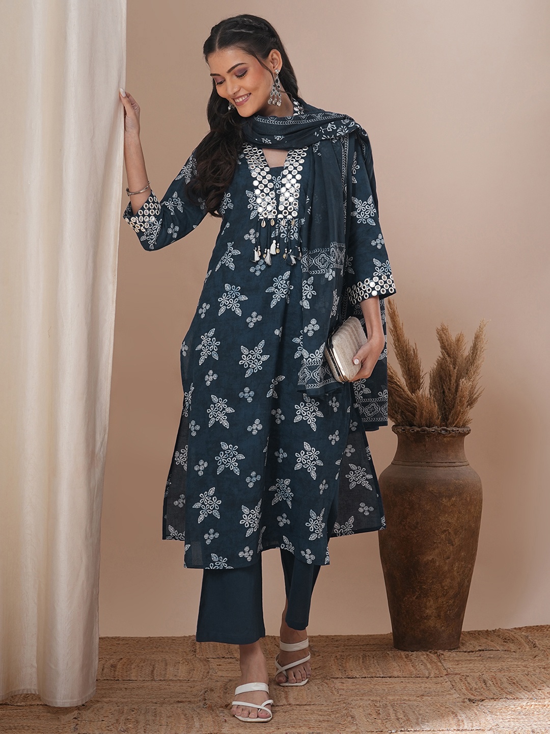 

FASHOR Women Ethnic Motifs Printed Regular Mirror Work Pure Cotton Kurta with Trousers & With Dupatta, Blue