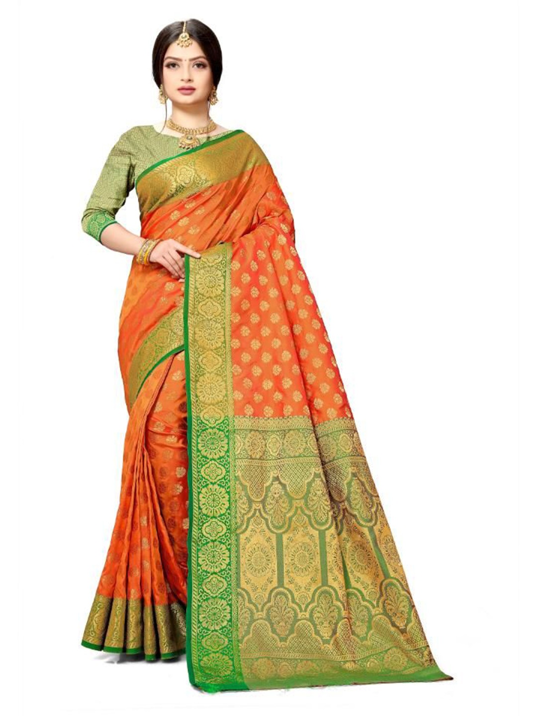 

AKSH FASHION Woven Design Zari Silk Blend Banarasi Saree, Orange
