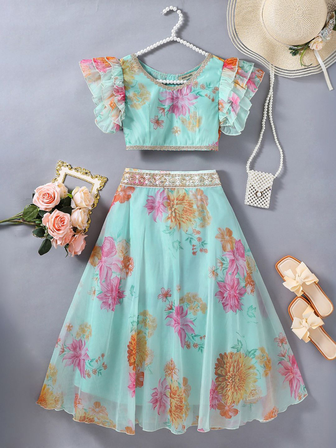 

INCLUD Girls Printed Ready to Wear Lehenga Choli, Green