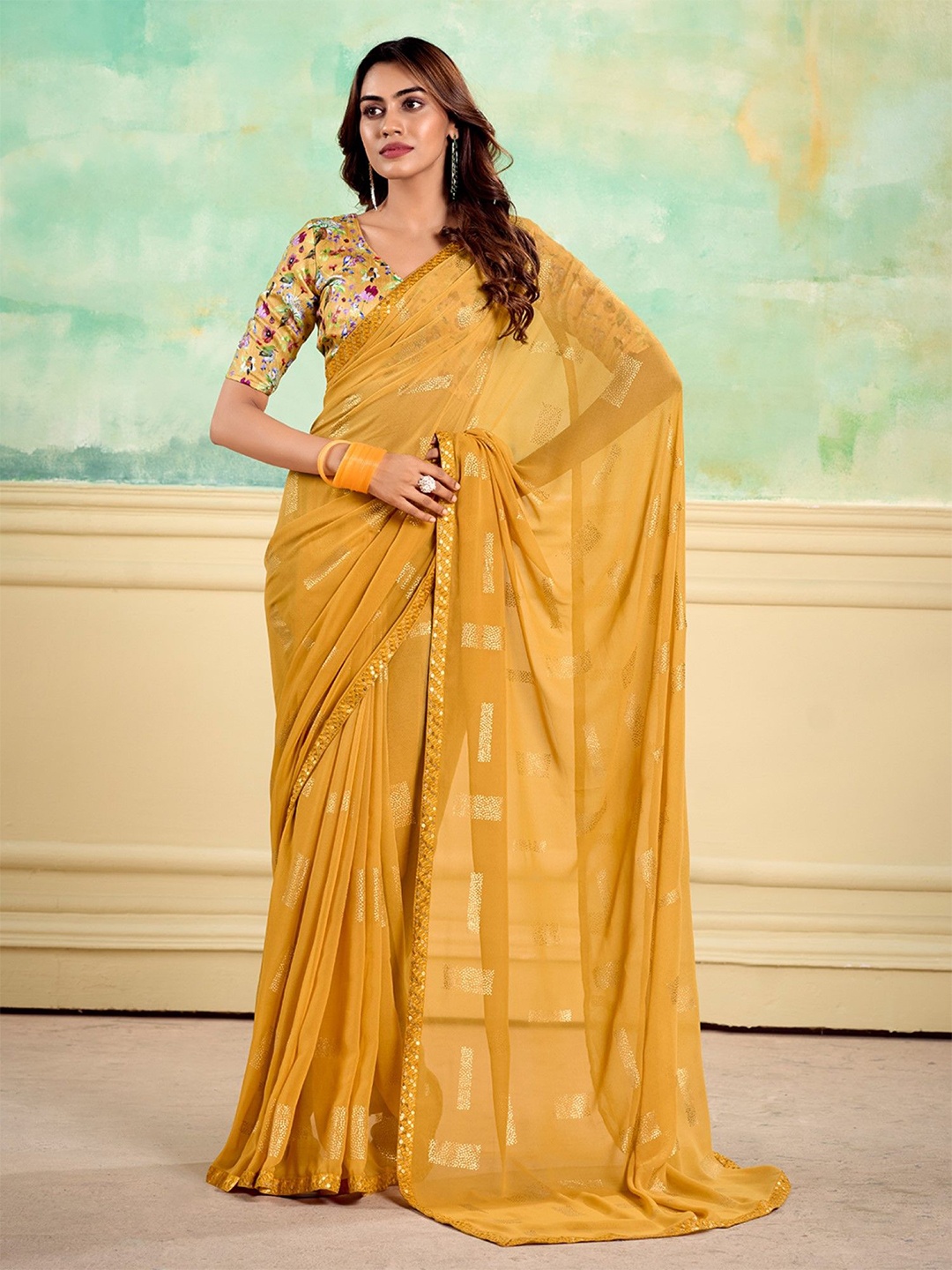 

LeeliPeeri Designer Sequinned Poly Georgette Saree, Yellow