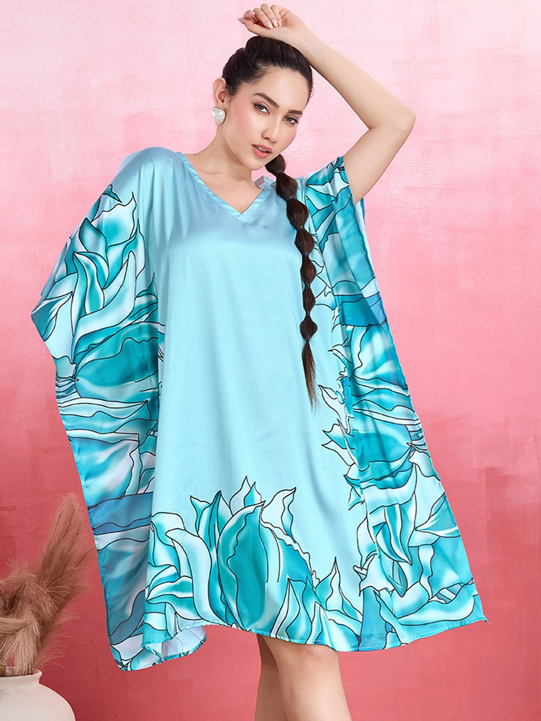 

Aquatic Garden Soft Satin Short Kaftan, Blue