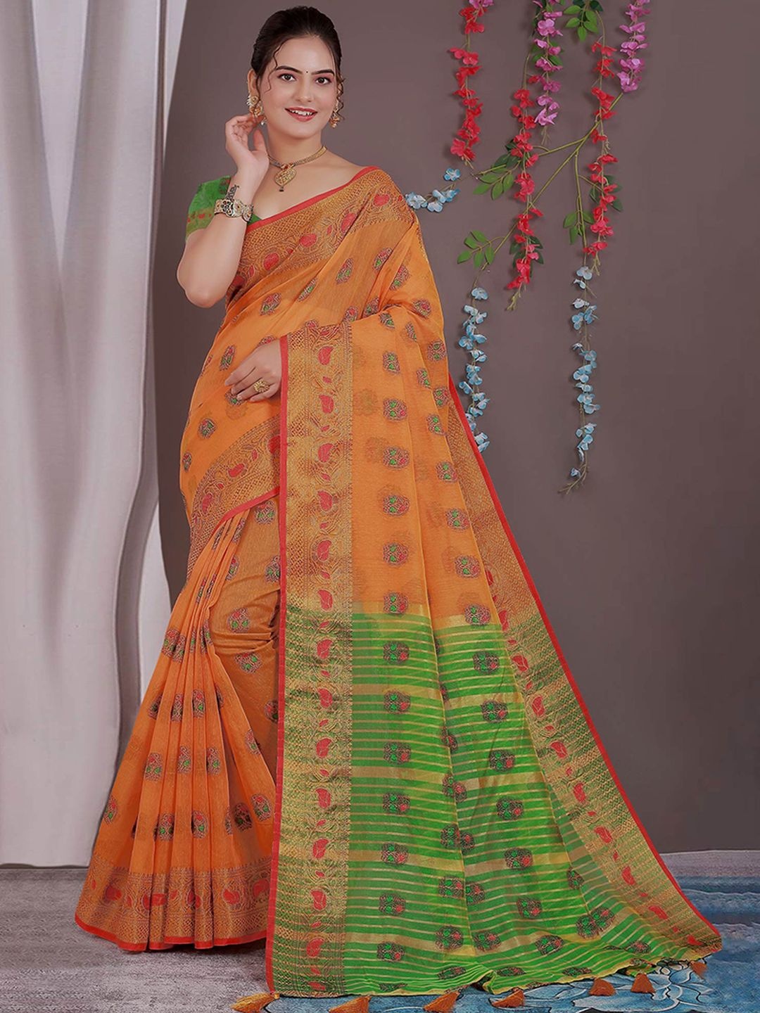 

Peachmode Woven Design Zari Silk Cotton Saree, Orange
