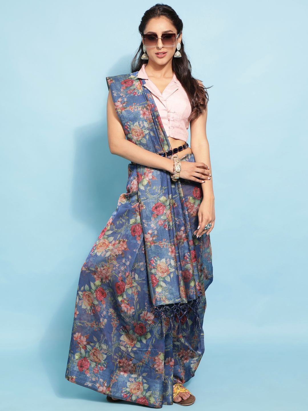 

Suha Floral Zari Poly Georgette Saree, Blue