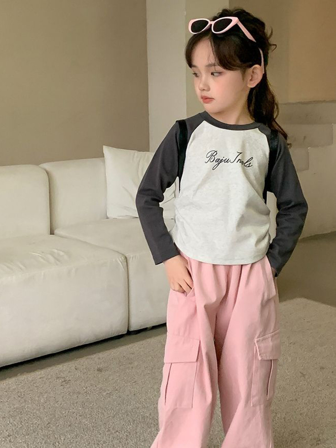 

LULU & SKY Girls Printed Pockets T-shirt, Grey