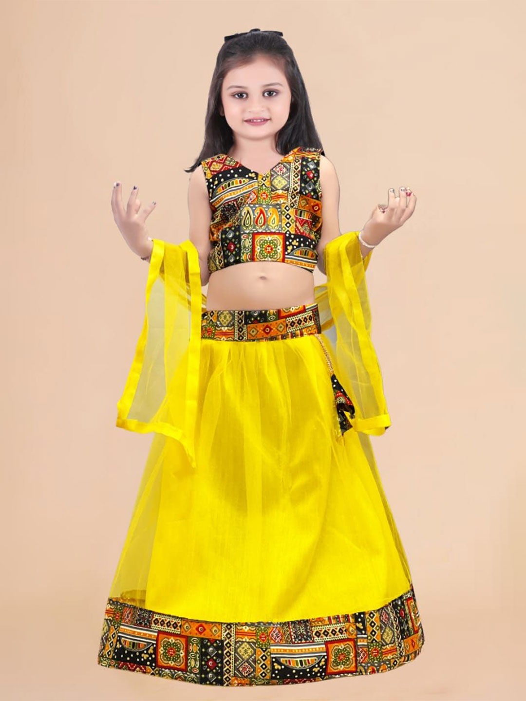 

Sainur creation Girls Printed Ready to Wear Lehenga & Blouse With Dupatta, Yellow