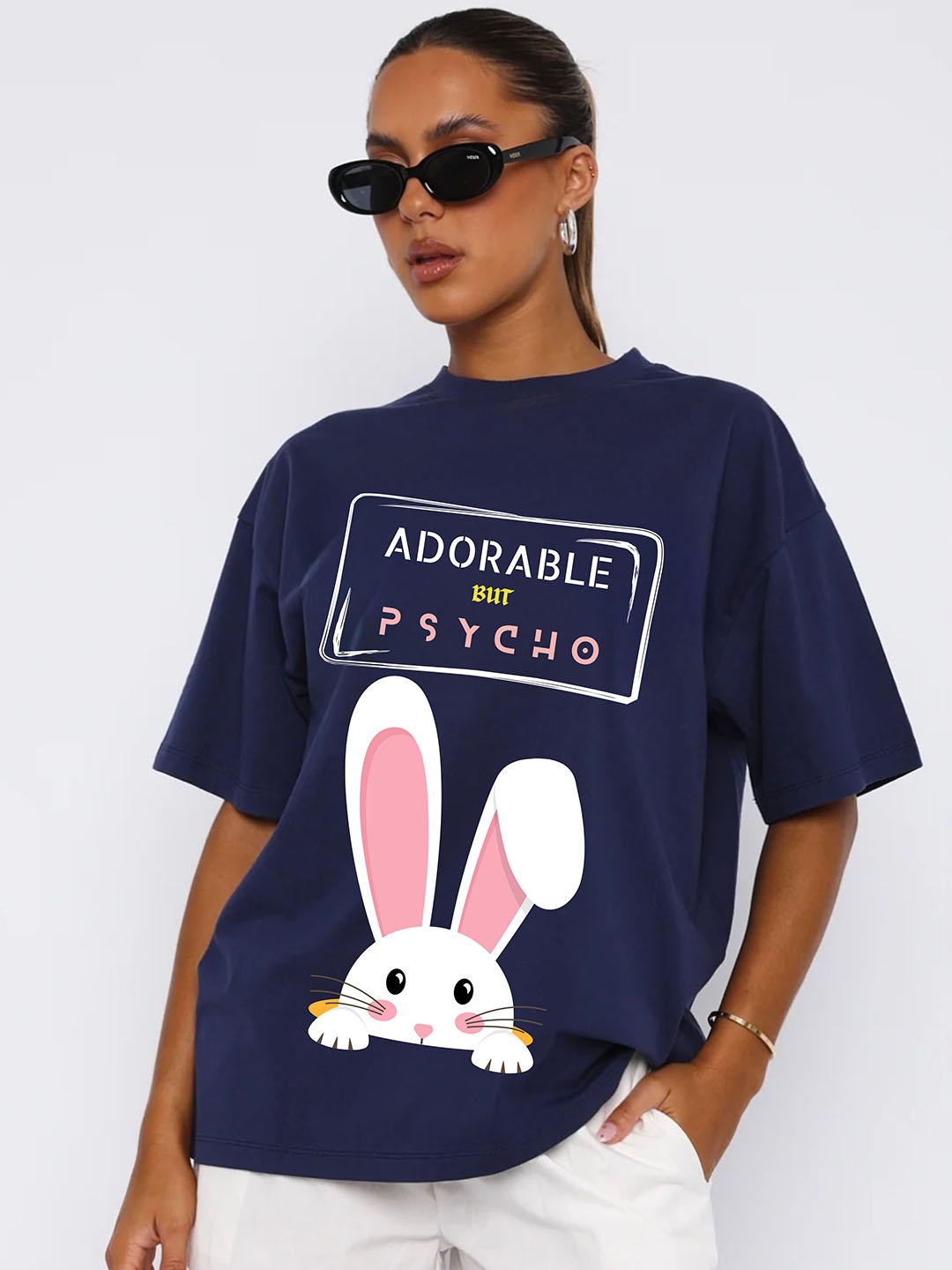 

RAYACLOSET Women Printed Applique T-shirt, Navy blue