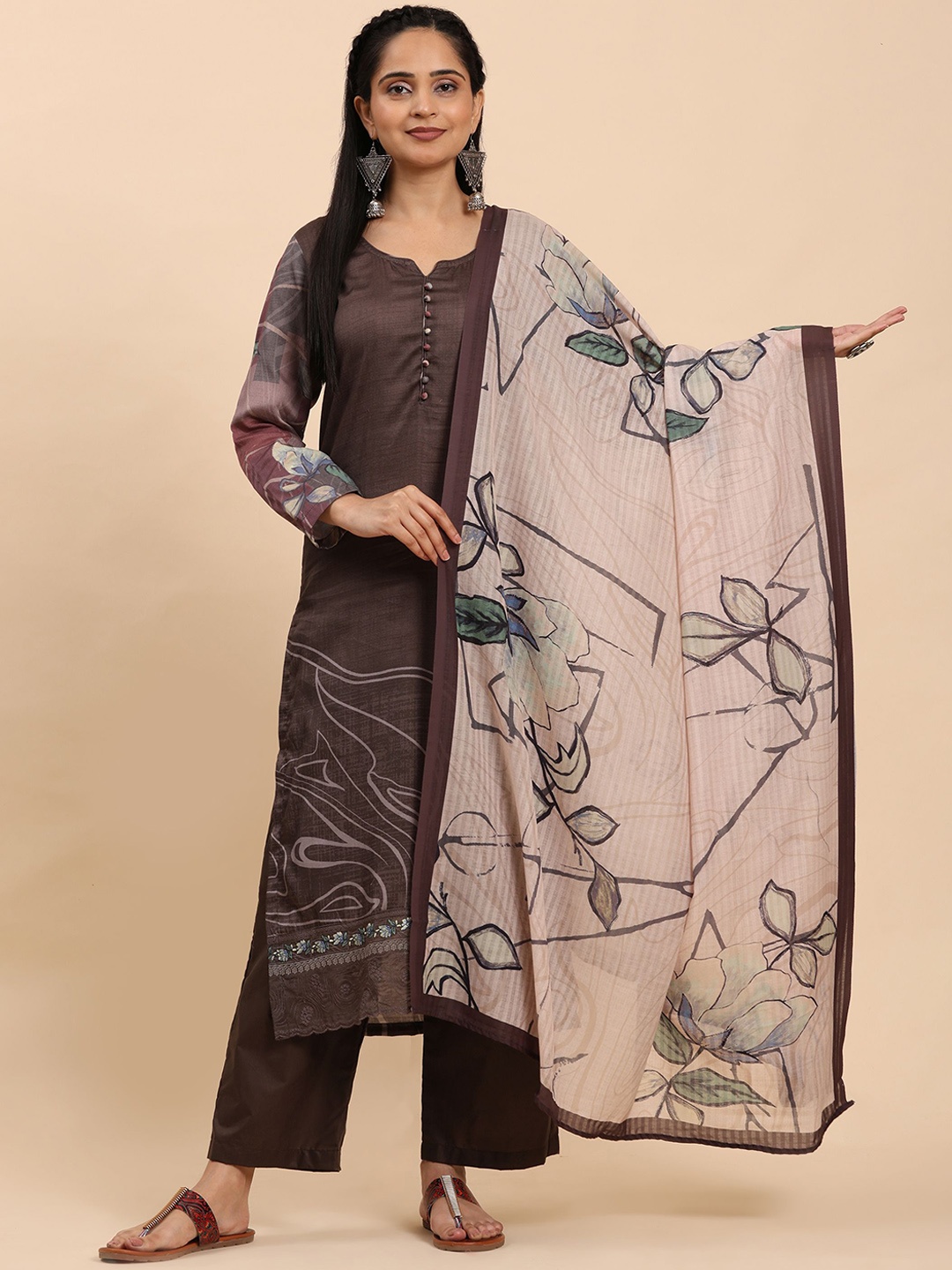 

Mamicha Women Floral Printed Regular Pure Cotton Kurta with Trousers & With Dupatta, Brown