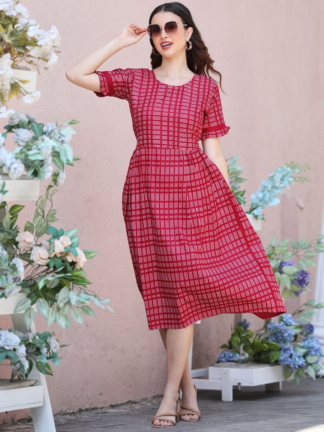 

NYTY20 Women Bandhani Checked Anarkali Kurta, Red
