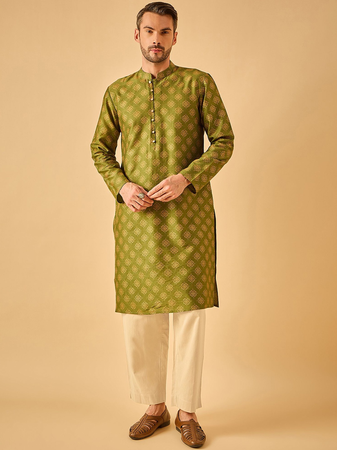 

House of Pataudi Paisley Printed Mandarin Collar Straight Kurta, Green