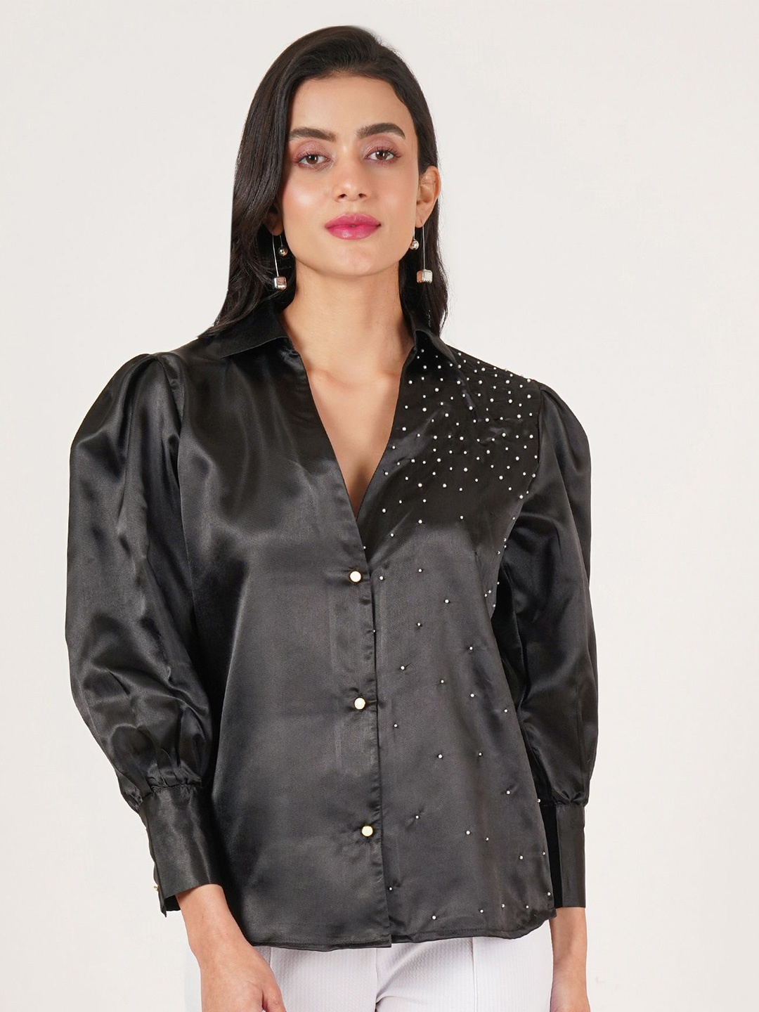 

U&F Women Original Slim Fit Opaque Printed Party Shirt, Black