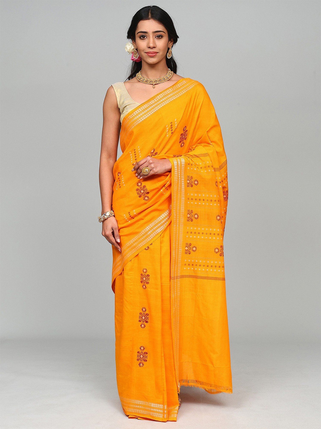 

Exotic India Ethnic Motifs Pure Cotton Sambalpuri Saree, Orange