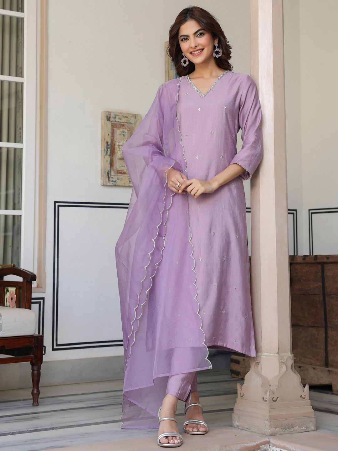 

Janasya Women's Lavender Chinon Embellished Kurta with Pant and Dupatta