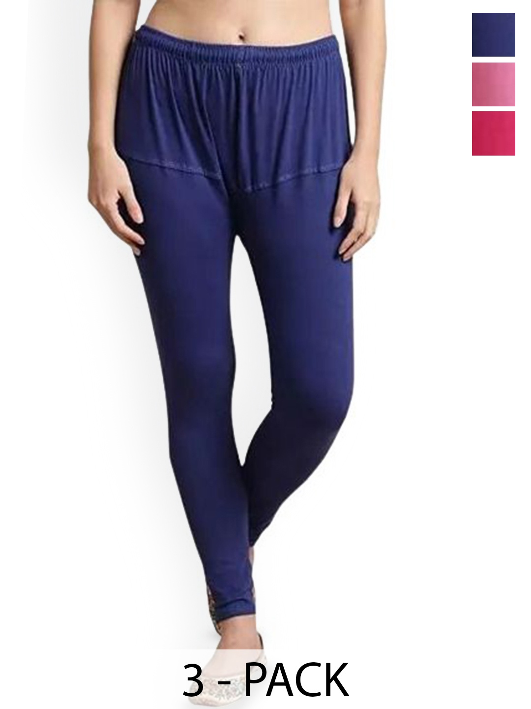 

URBAN KANYA Pack Of 3 Mid-Rise Churidar-Length Leggings, Pink