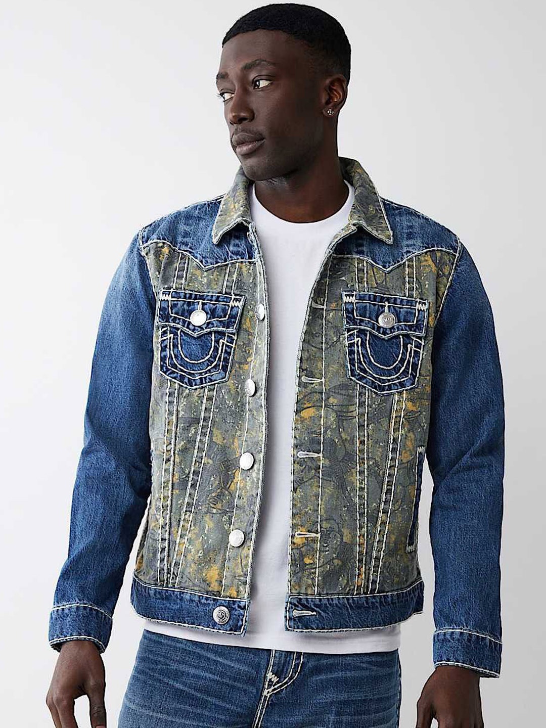 

True Religion Men Denim Jacket with Embroidered, Blue