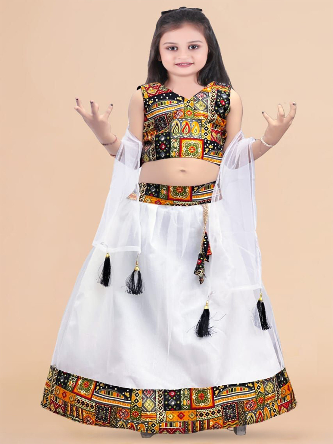 

Sainur creation Girls Printed Ready to Wear Lehenga & Blouse With Dupatta, White