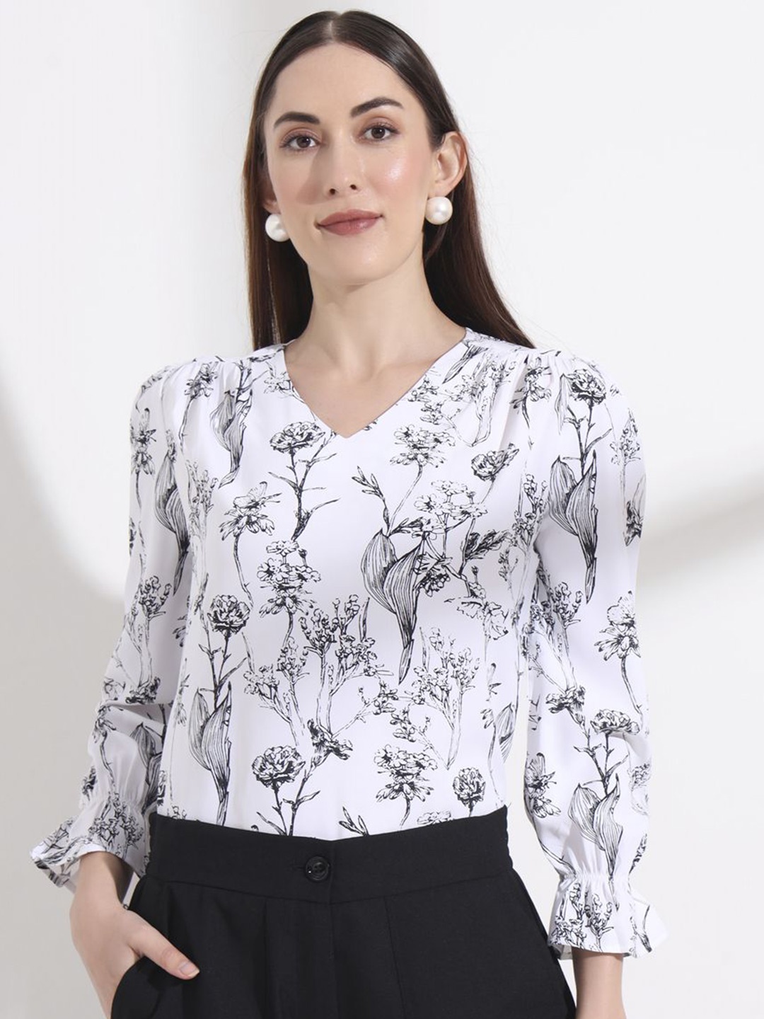 

FITHUB Floral Print Puff Sleeve Cotton Top, White