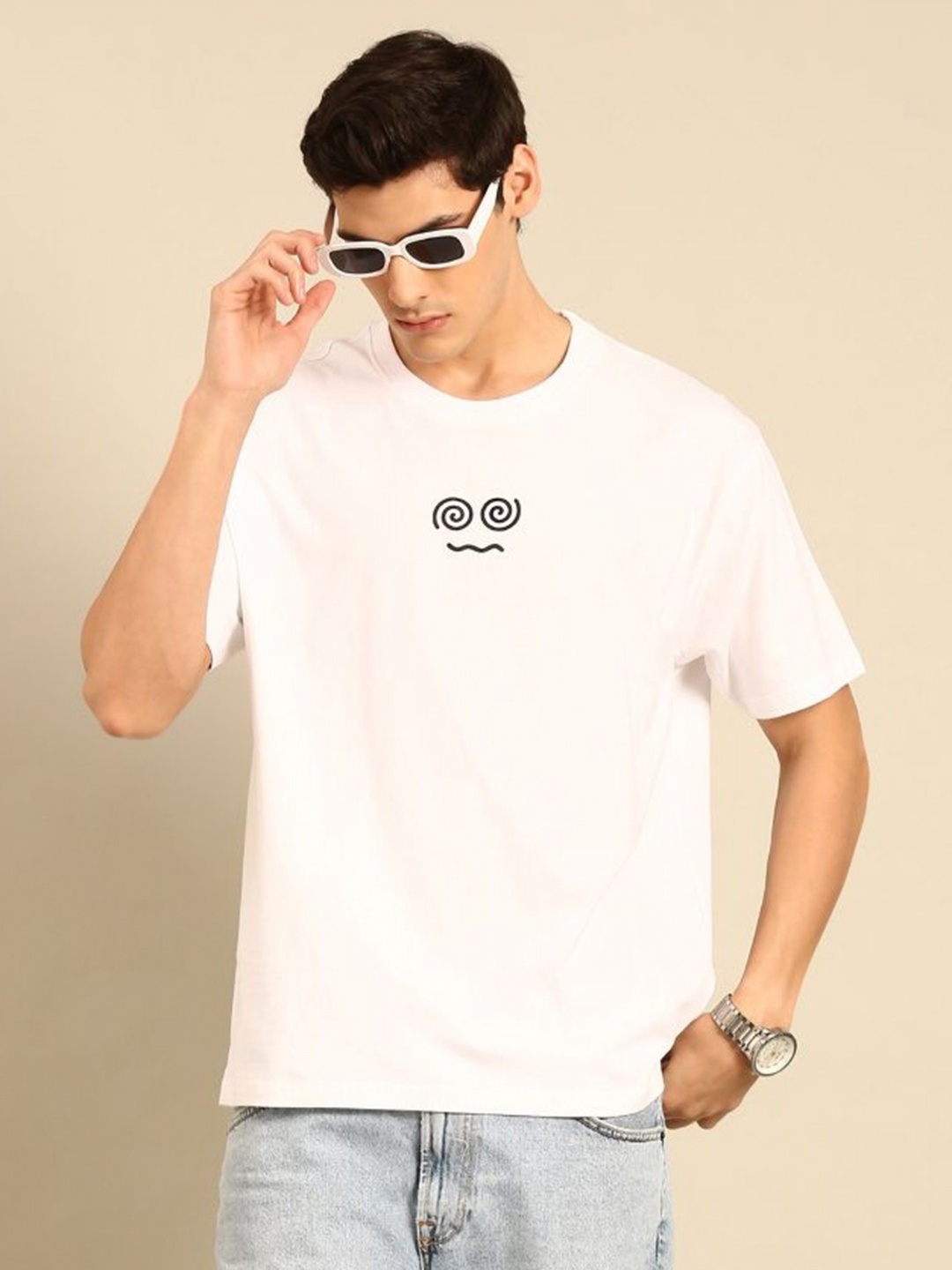 

Mast & Harbour Men Printed Drop-Shoulder Sleeves Bio Finish Applique T-shirt, White