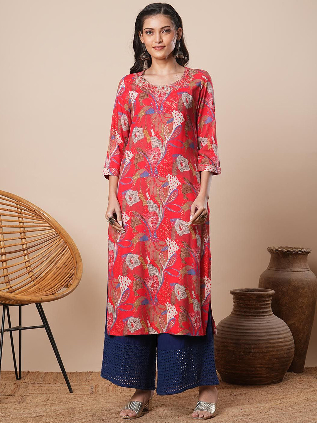 

FASHOR Women Printed Kurta, Coral
