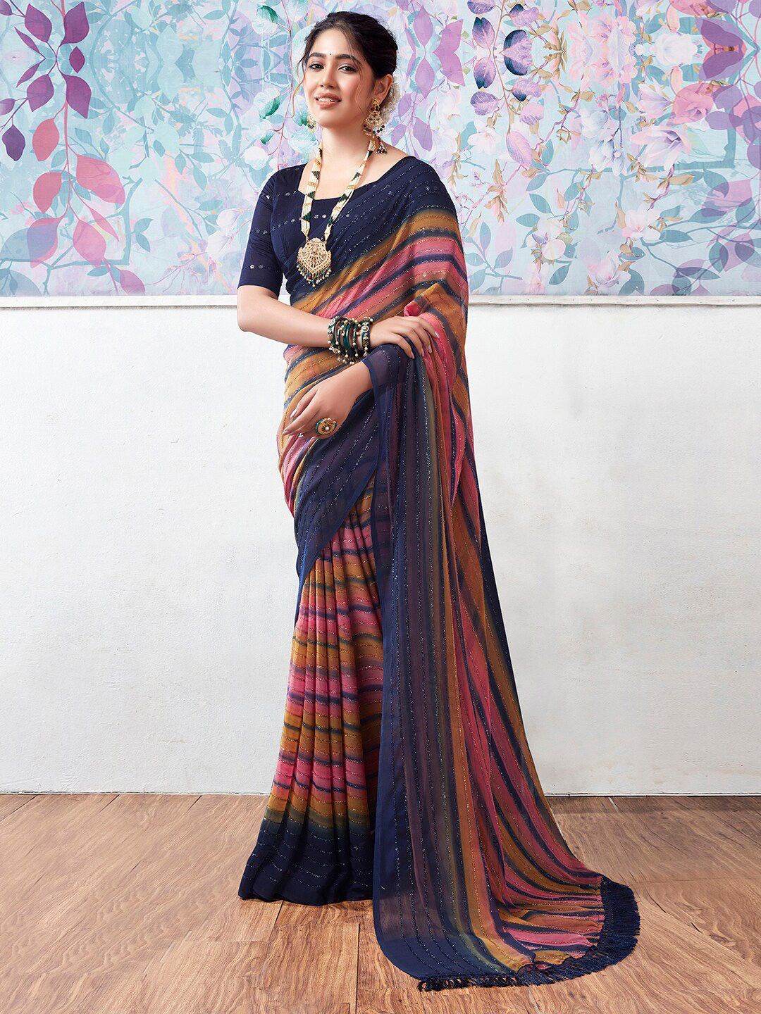 

DIVASTRI Striped Beads and Stones Pure Georgette Saree, Navy blue