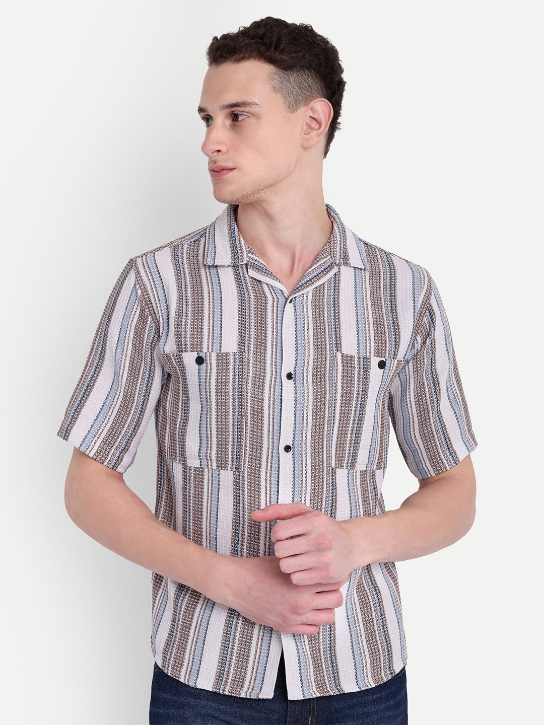 

Moda Rapido Men Classic Multi Stripes Opaque Striped Casual Shirt, White