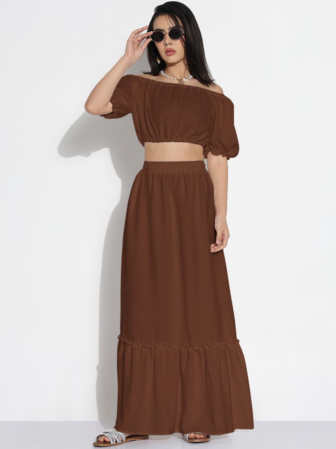

SHOWOFF Off-Shoulder Neck Top With Skirts Co-Ords, Brown