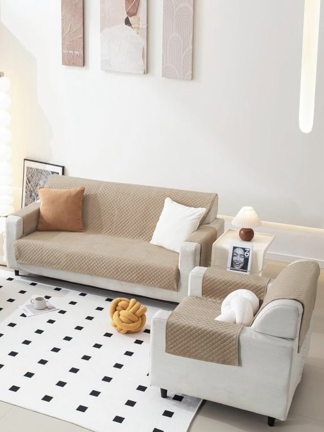 

Fashion Throw Beige Checked Velvet 3 Piece Sofa Cover With Arms