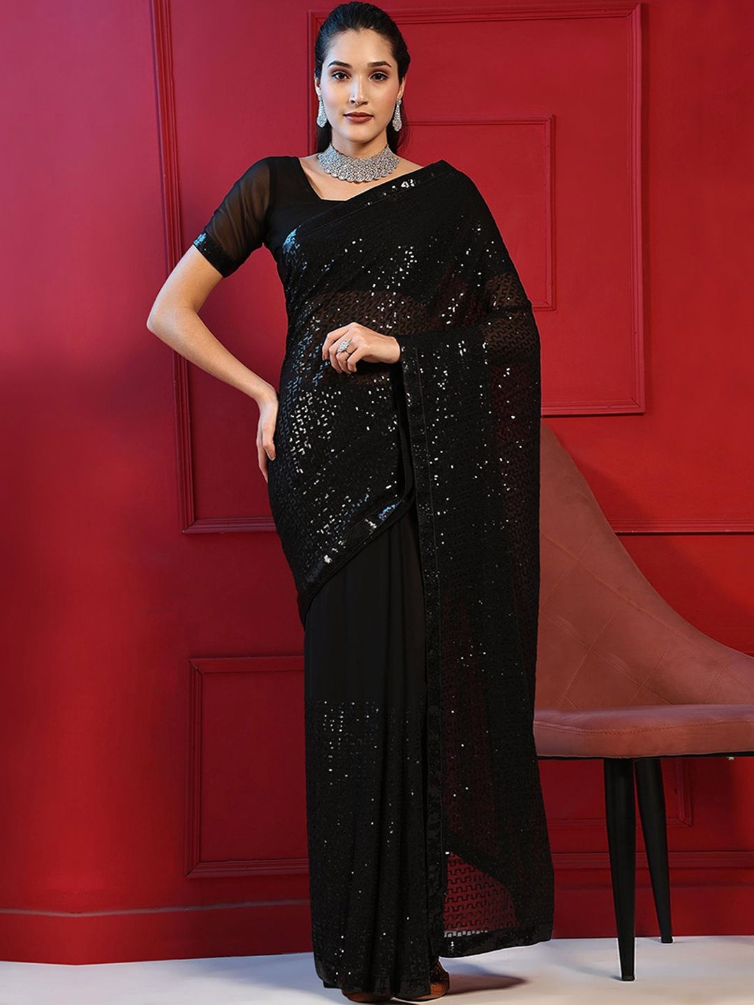 

Peachmode Embellished Sequinned Pure Georgette Saree, Black
