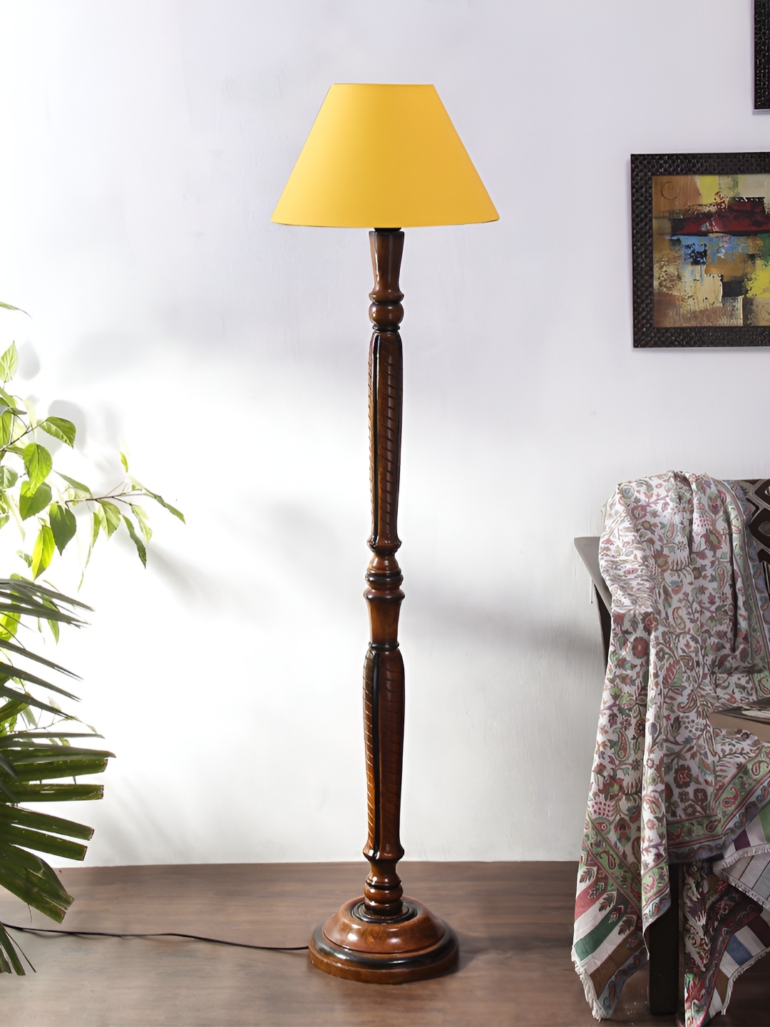

Devansh Brown & Yellow Wooden Floor Lamp With Shade