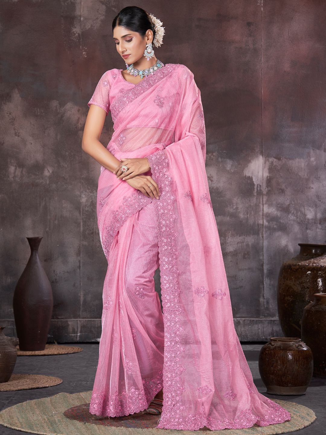

LeeliPeeri Designer Floral Embroidered Organza Saree, Pink