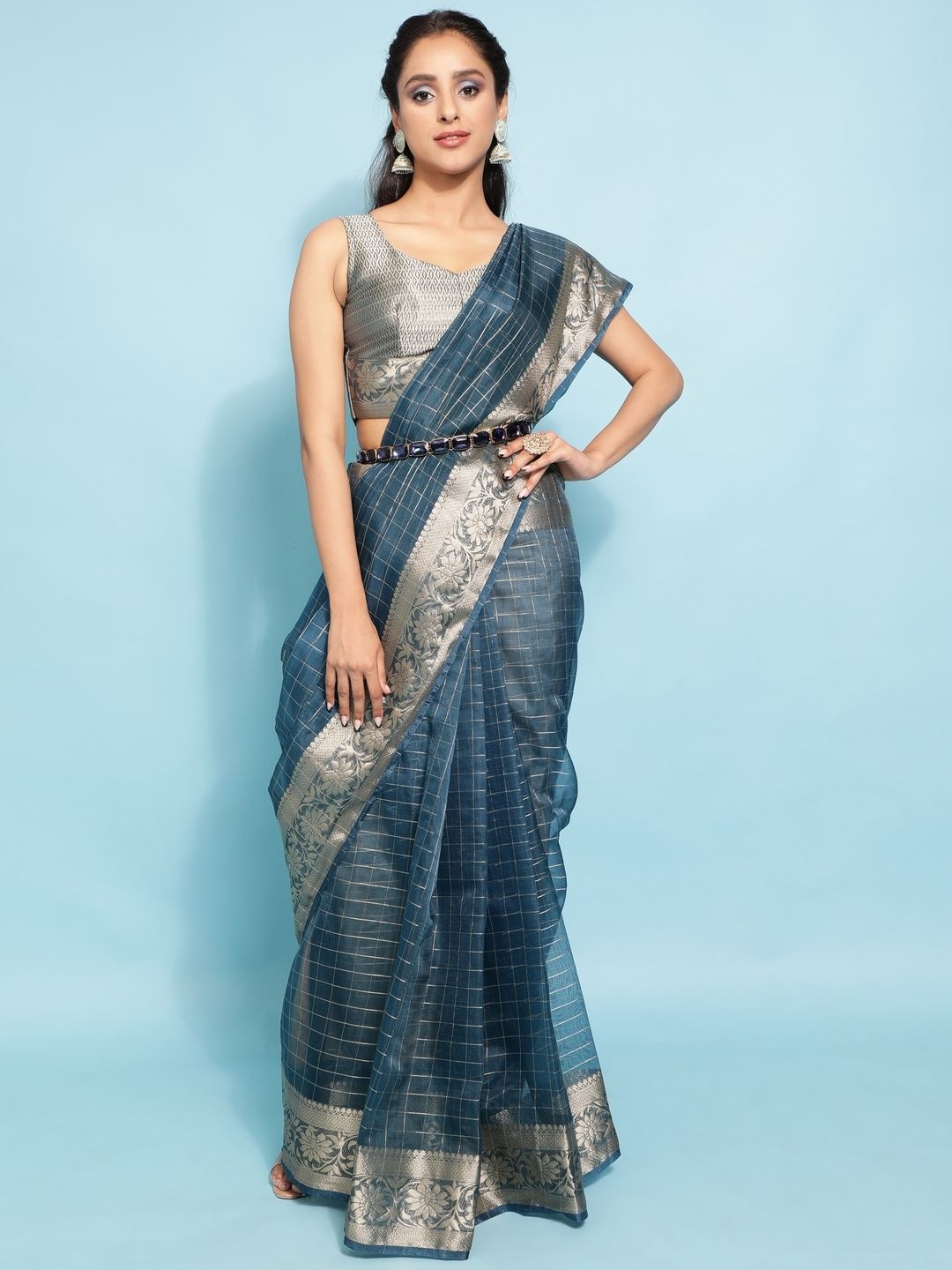 

Suha Checked Zari Art Silk Saree, Blue