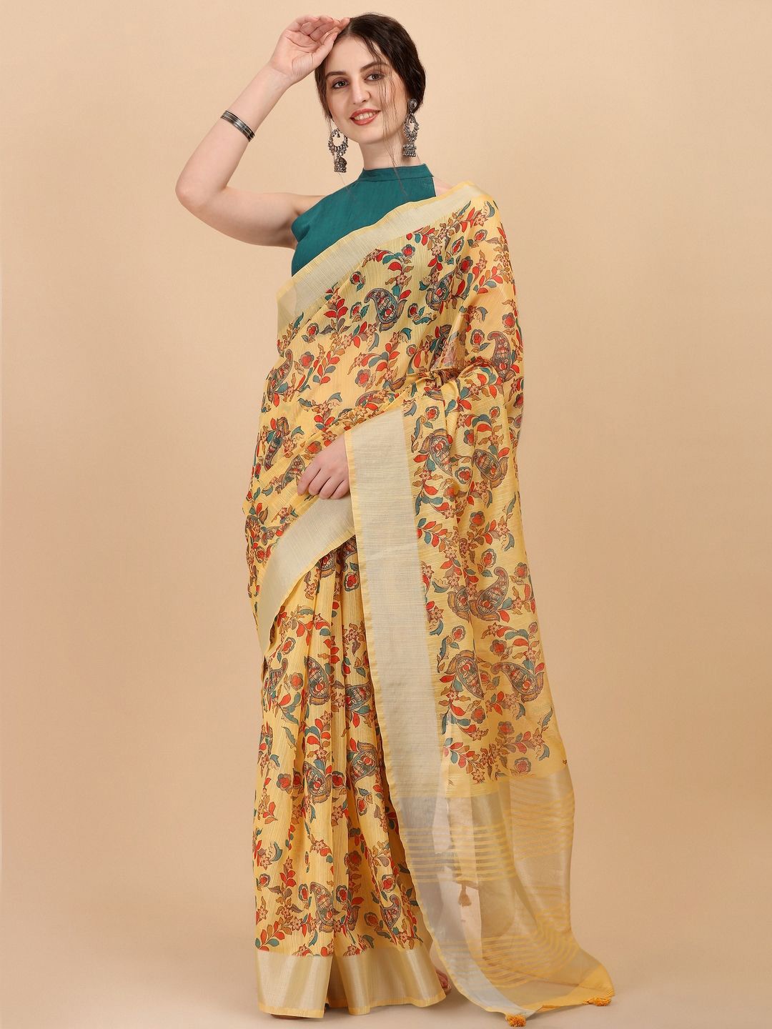 

Suha Paisley Zari Linen Blend Saree, Yellow