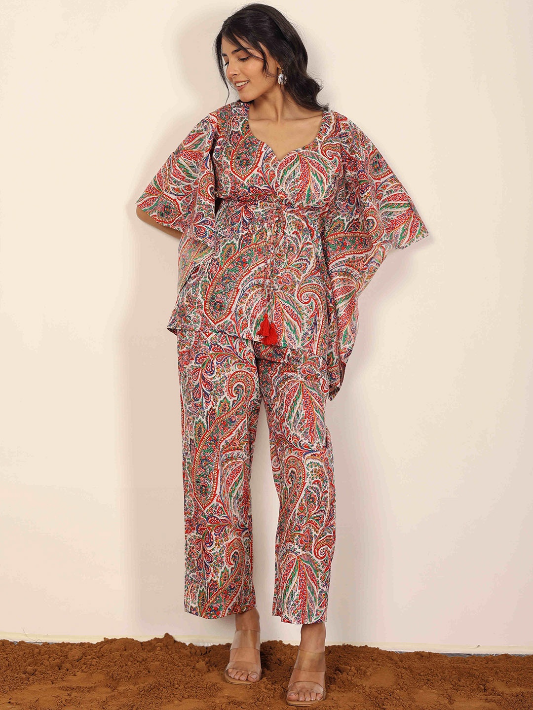 

KAORI BY SHREYA AGARWAL Printed Pure Cotton Kaftan Top & Trouser Co-Ord Set, Red