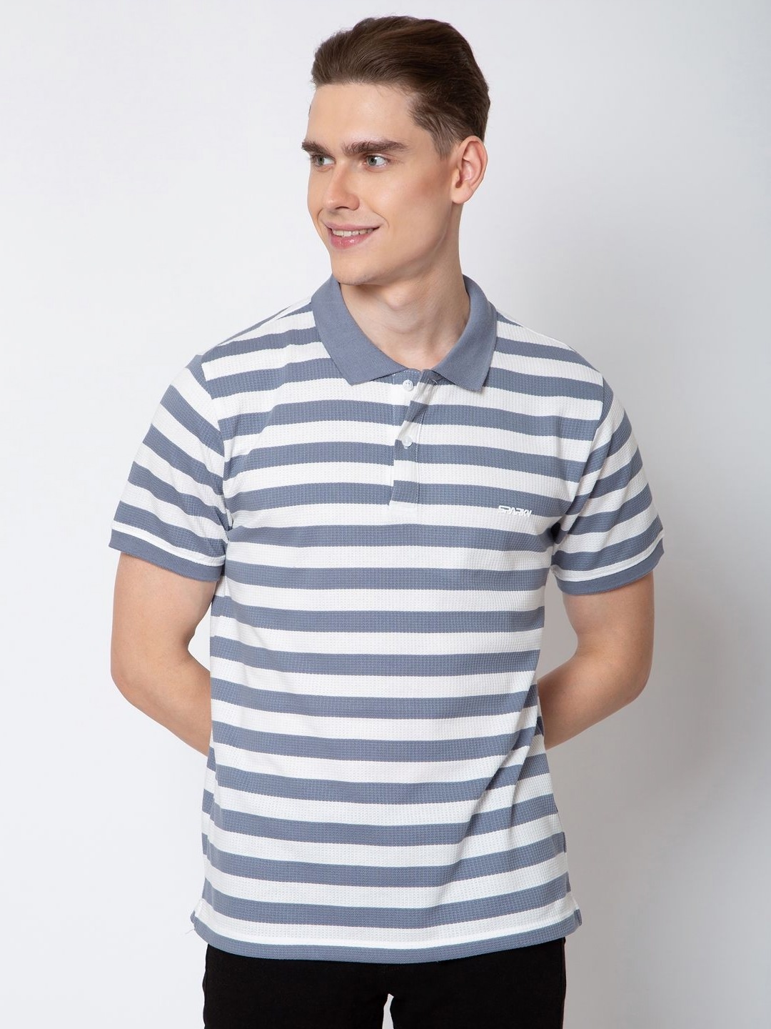 

Sparky Men Striped Polo Collar Pockets Slim Fit T-shirt, Blue