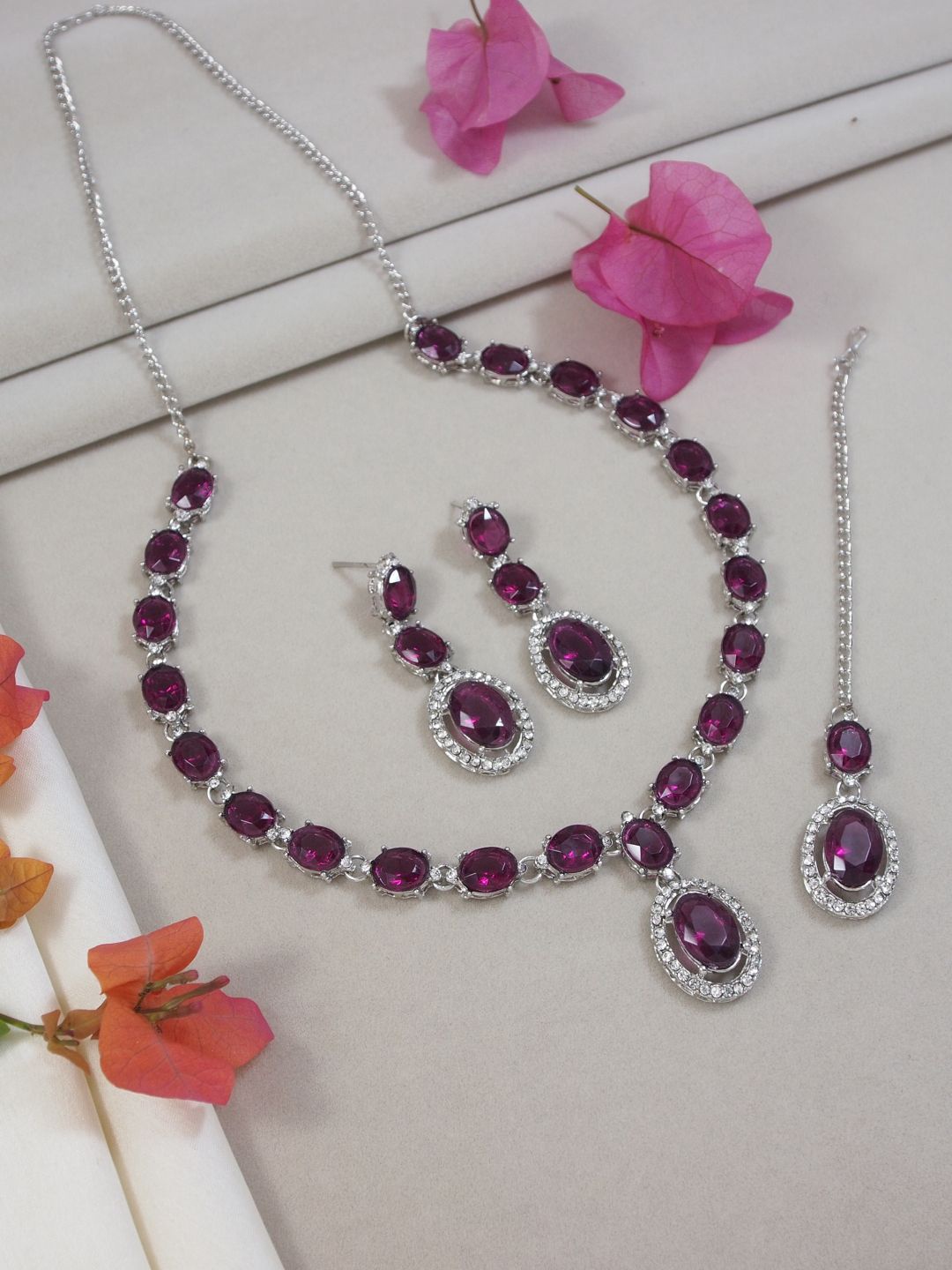 

I Jewels Silver-Plated Stone-Studded Jewellery Set