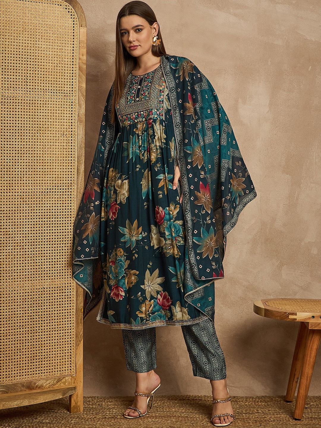 

CHETI Women Ethnic Motifs Embroidered Pleated Thread Work Raw Silk Kurta with Trousers & With Dupatta, Blue