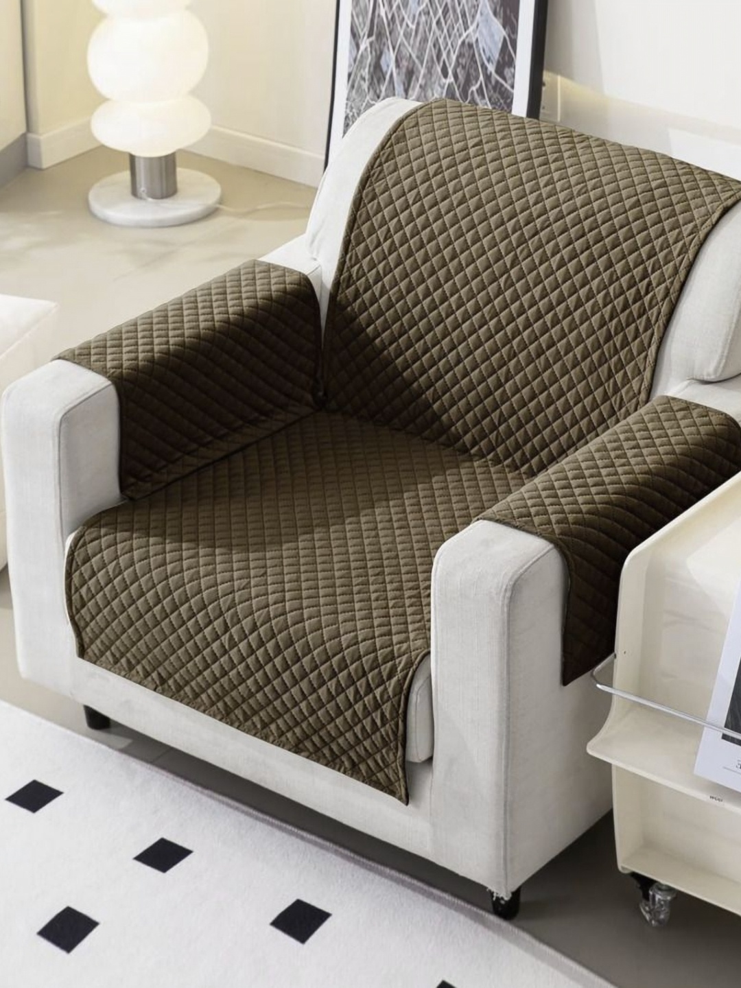 

Fashion Throw Brown Checked Velvet 1 Piece Sofa Cover With Arms