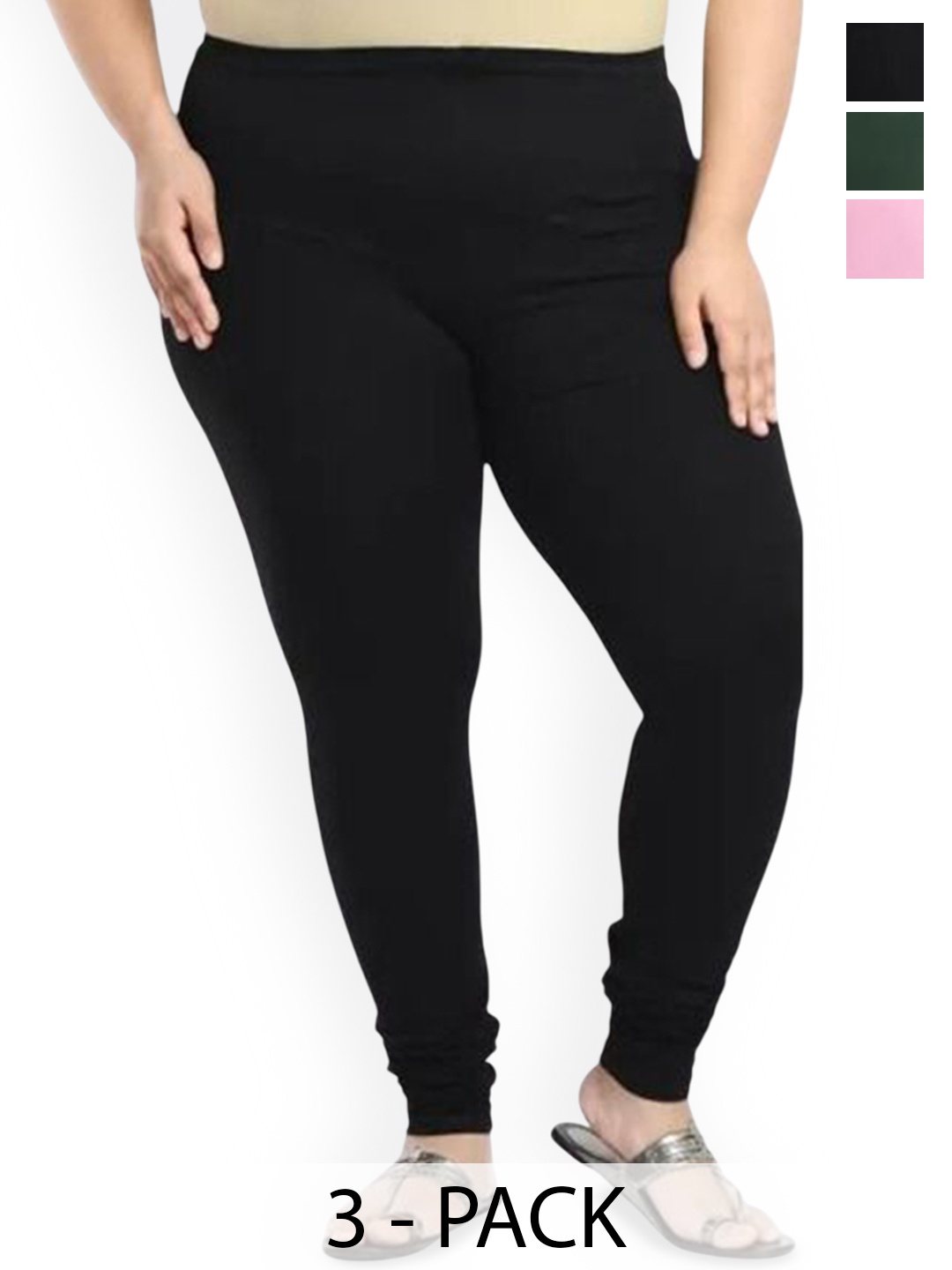 

URBAN KANYA Pack Of 3 Mid-Rise Churidar-Length Leggings, Green