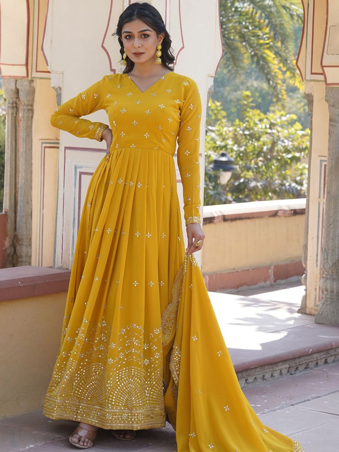 

Wedani Women Embroidered Georgette Anarkali Kurta, Yellow