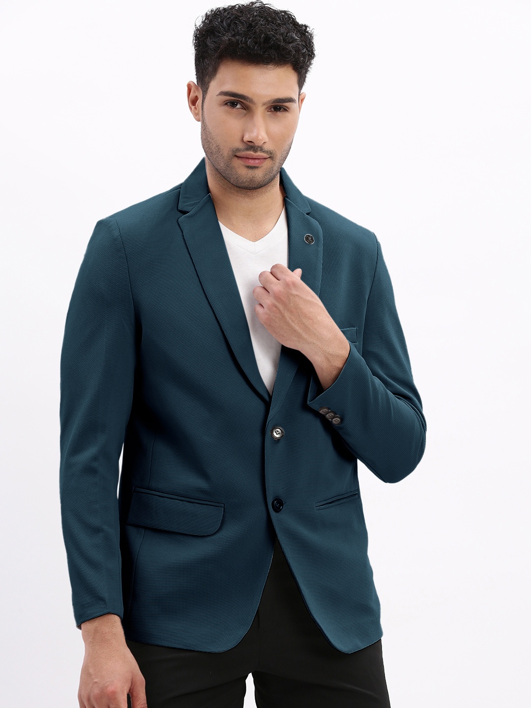 

SHOWOFF Self Design Cotton Notched Collar Slim Fit Singe Breasted Blazer, Teal