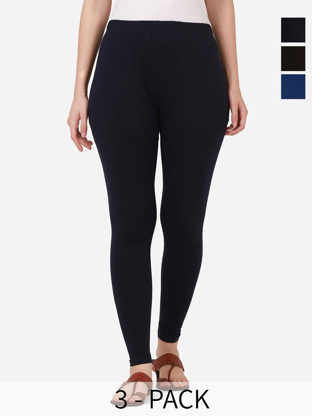 

DIMPY GARMENTS Pack Of 3 Pure Cotton Mid Rise Ankle Length Leggings, Navy blue