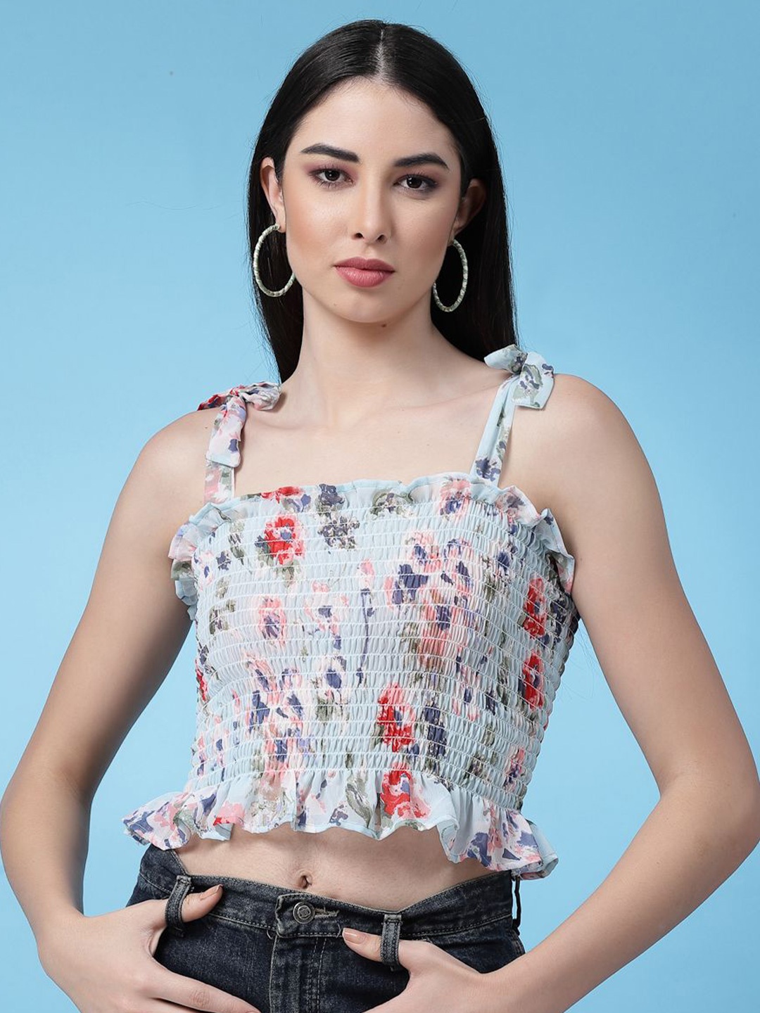 

Chemistry Floral Print Off-Shoulder Smocked Georgette Tube Crop Top, Blue