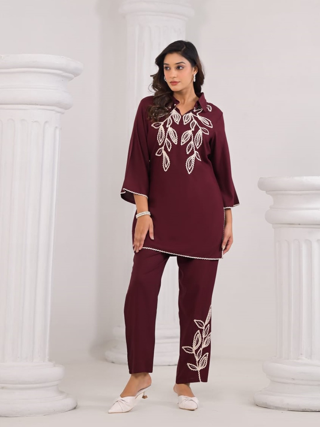 

AUTUMN LANE Floral Embroidered Pure Cotton Top & Trousers Co-Ords, Maroon