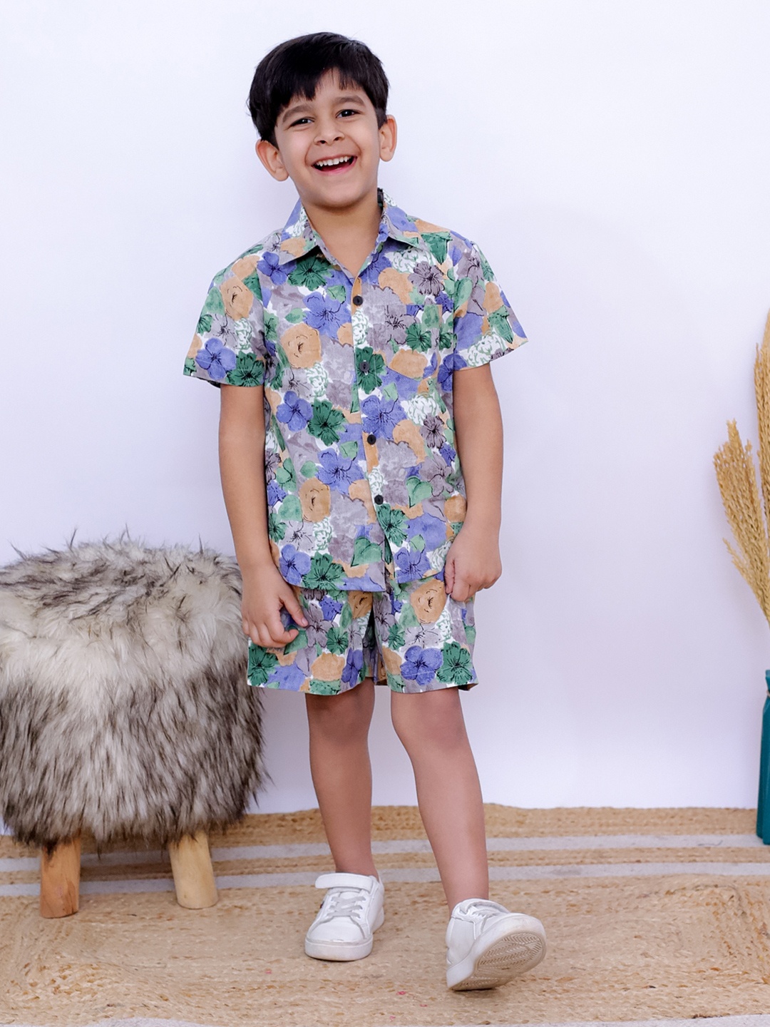 

UNBIND Boys Printed Cotton Shirt with Shorts Clothing Set, Grey