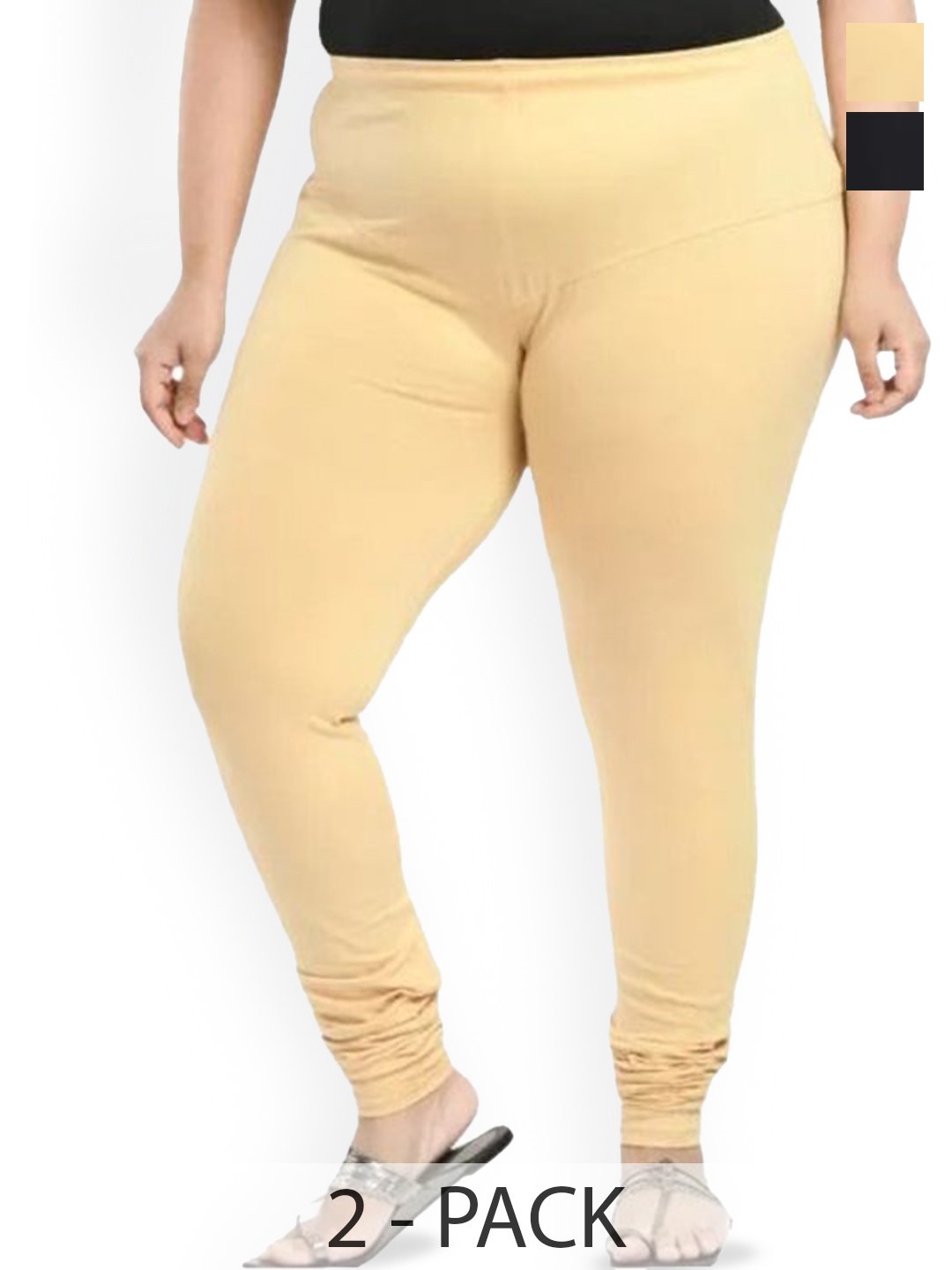 

URBAN KANYA Pack Of 2 Mid-Rise Churidar-Length Leggings, Beige