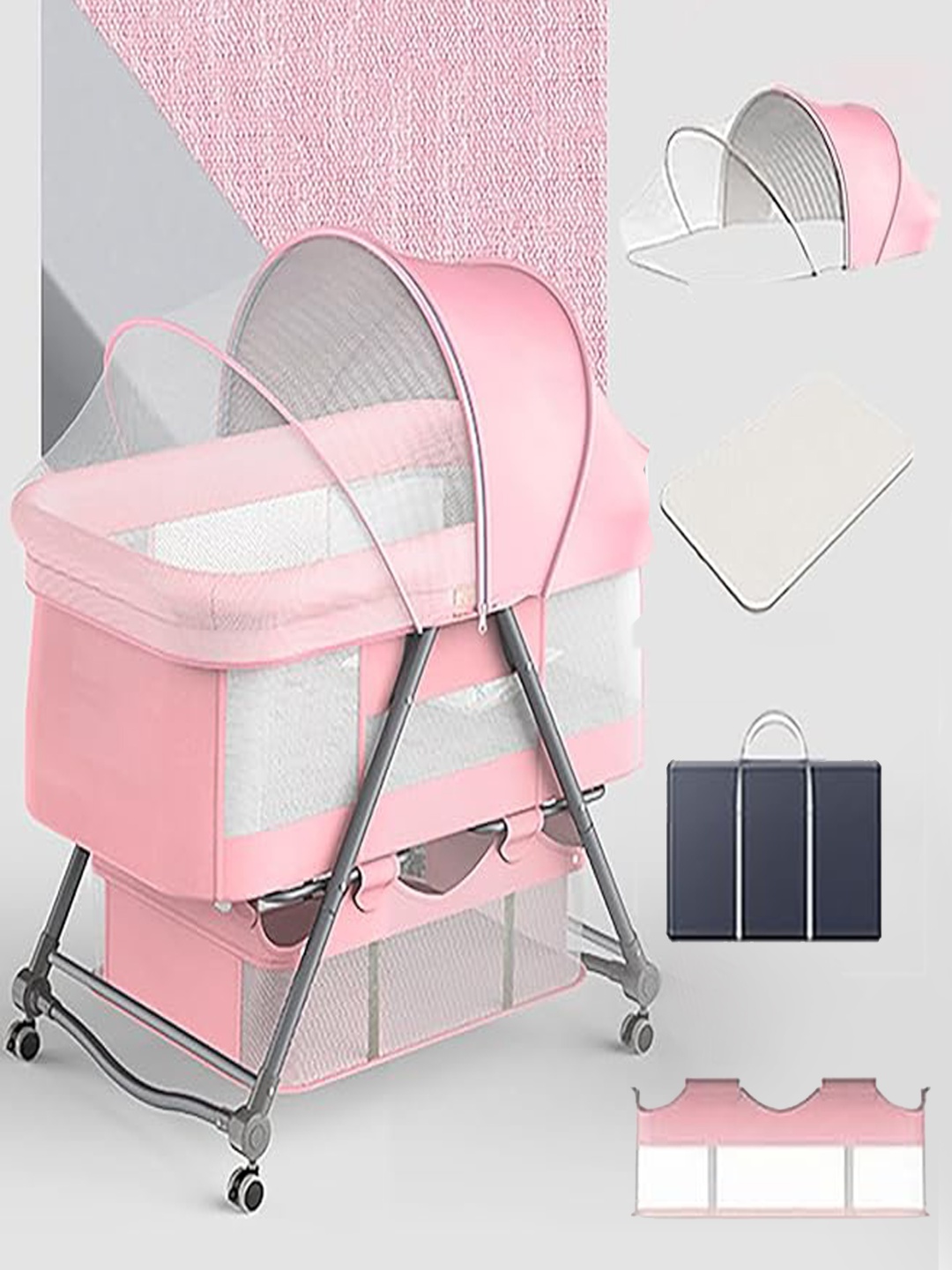 

Babymoon Kids Pink Cradle Portable With Mosquito Net & Bottom Frame With Handbag