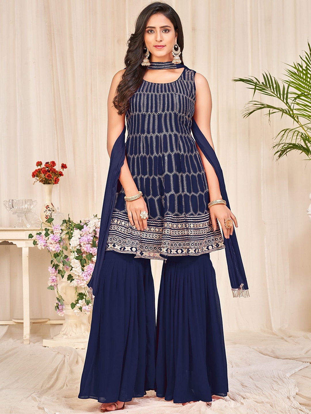 

KALINI Embroidered Semi-Stitched Dress Material, Blue