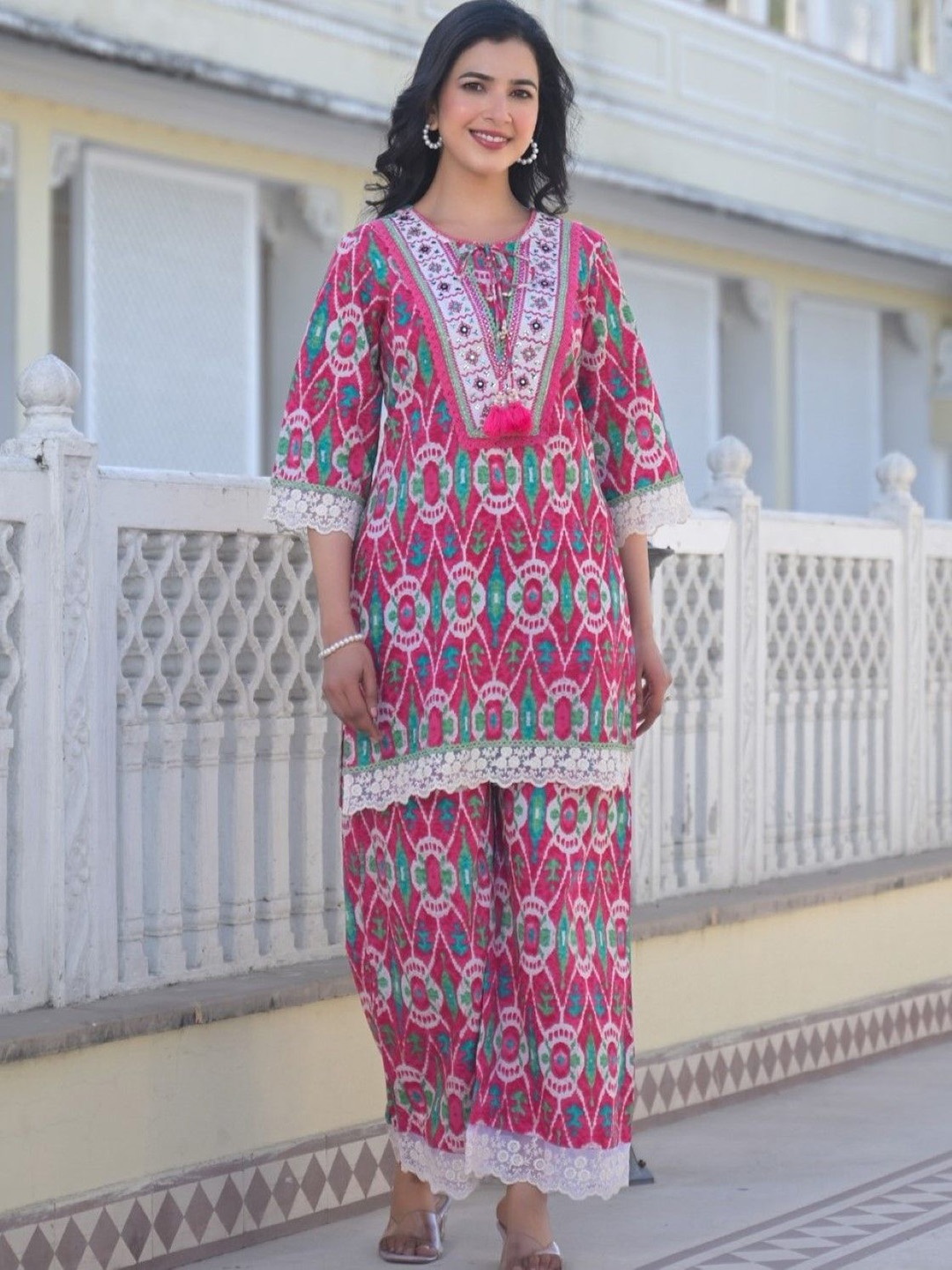 

AUTUMN LANE Printed Pure Cotton Top & Trousers Co-Ords, Pink
