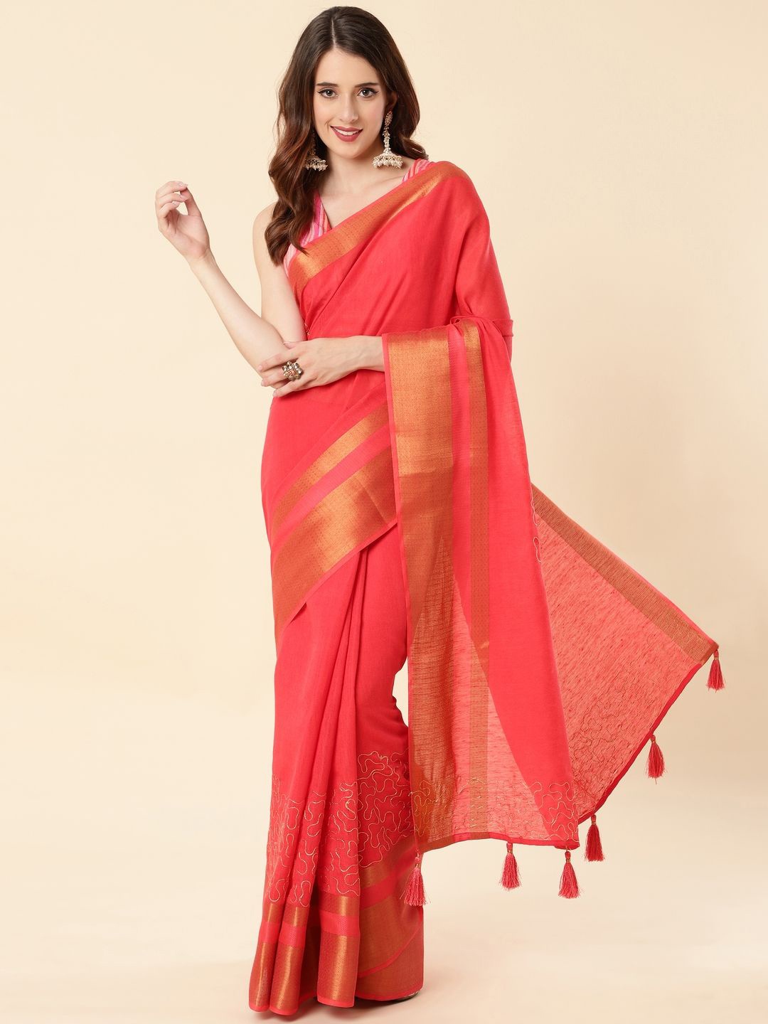 

Suha Woven Design Zari Linen Blend Saree, Pink