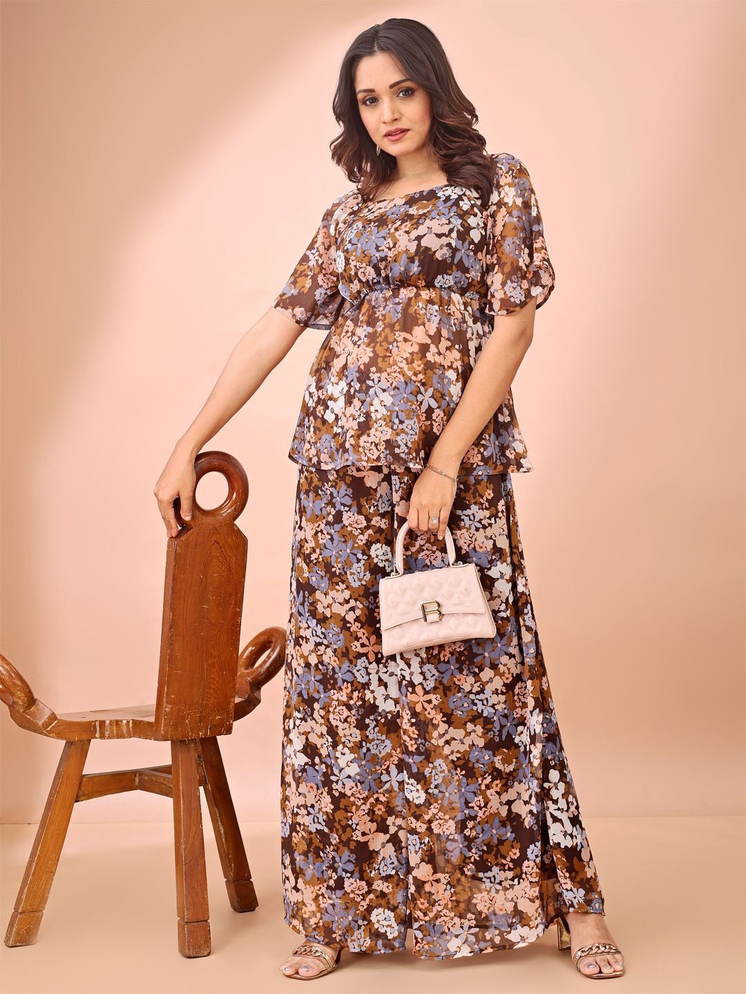 

all about you Floral Print Bell Sleeve Chiffon Peplum Top, Brown