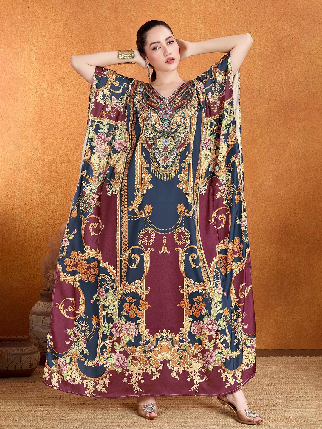 

LABEL AARNA Ruby Eclipse Soft Satin Kaftan with Rhinestones, Navy blue
